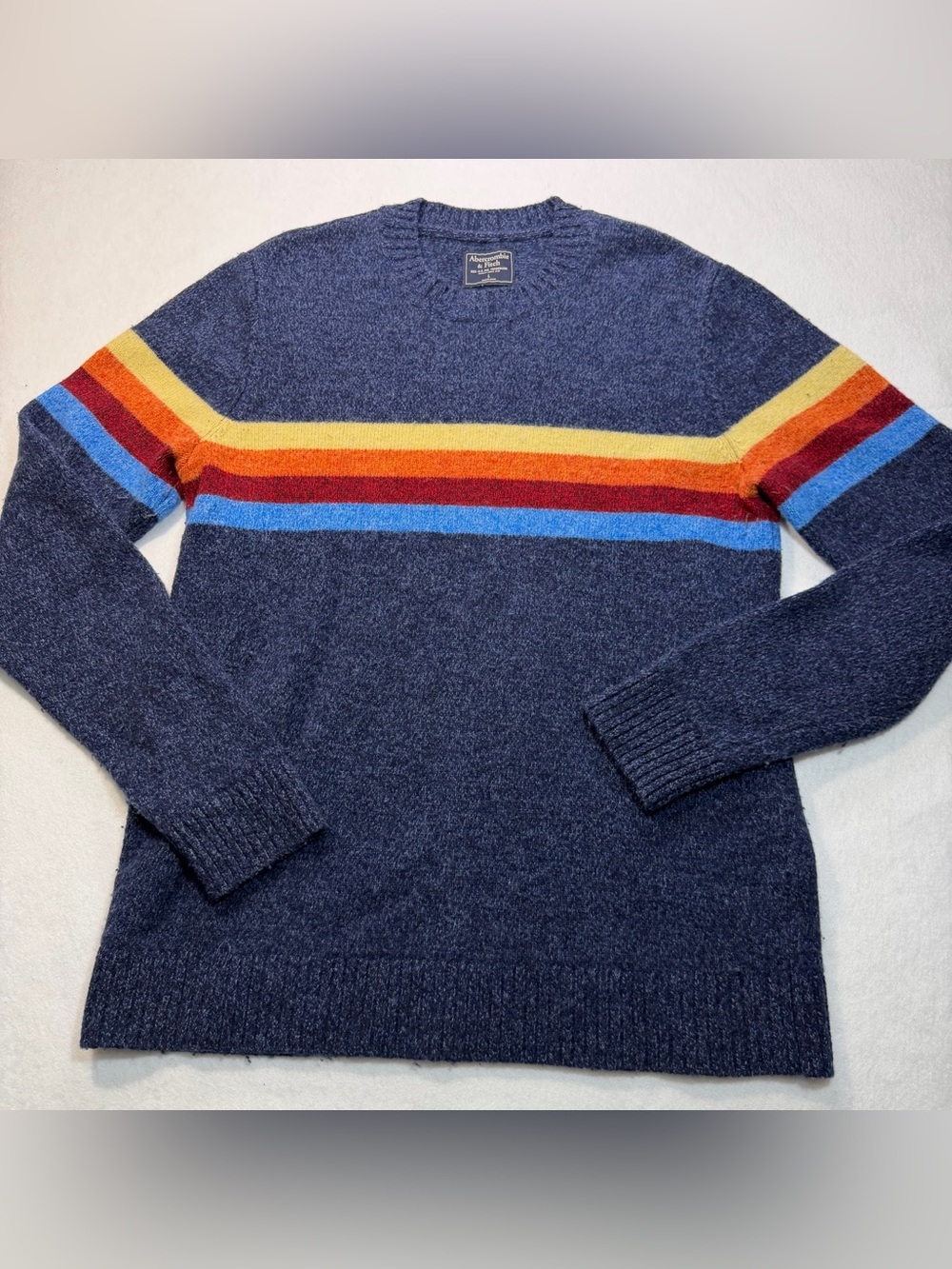 Abercrombie & Fitch Rainbow Stripe Crewneck Sweater Men’s Large Navy Retro